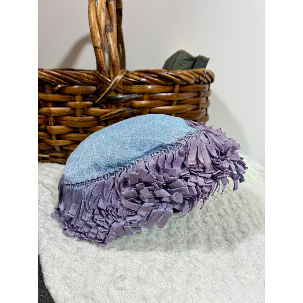 Vintage 1950s 60s Blue Purple Ribbon Pillbox Hat Womens Cocktail Mid Century